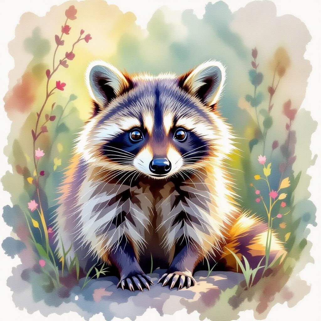 Whimsical Watercolor Raccoon in Expressive Style