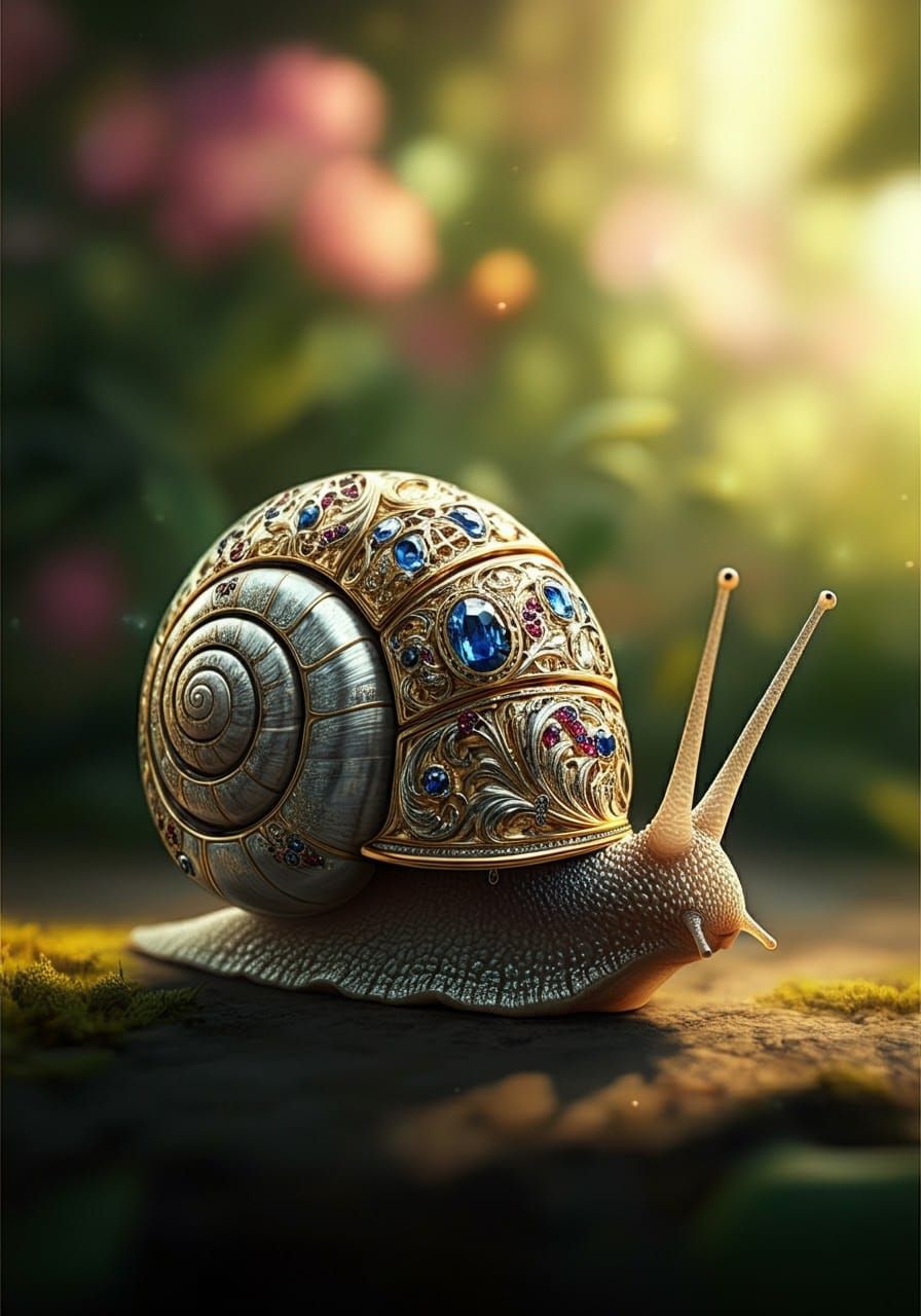 Jeweled Snail Shell: Hyperrealistic CGI Garden Art