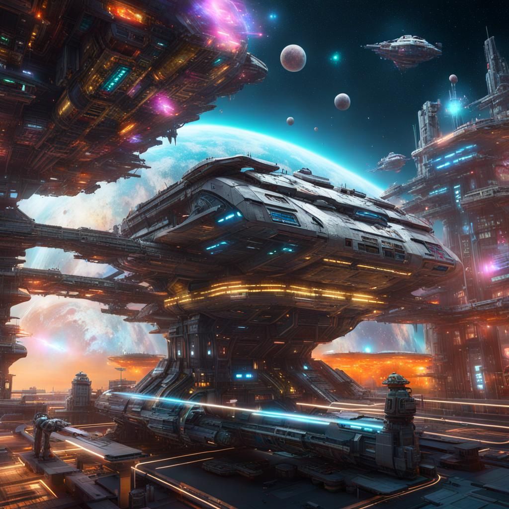 Futuristic Space Dock and Nebula in Hyperdetailed Style