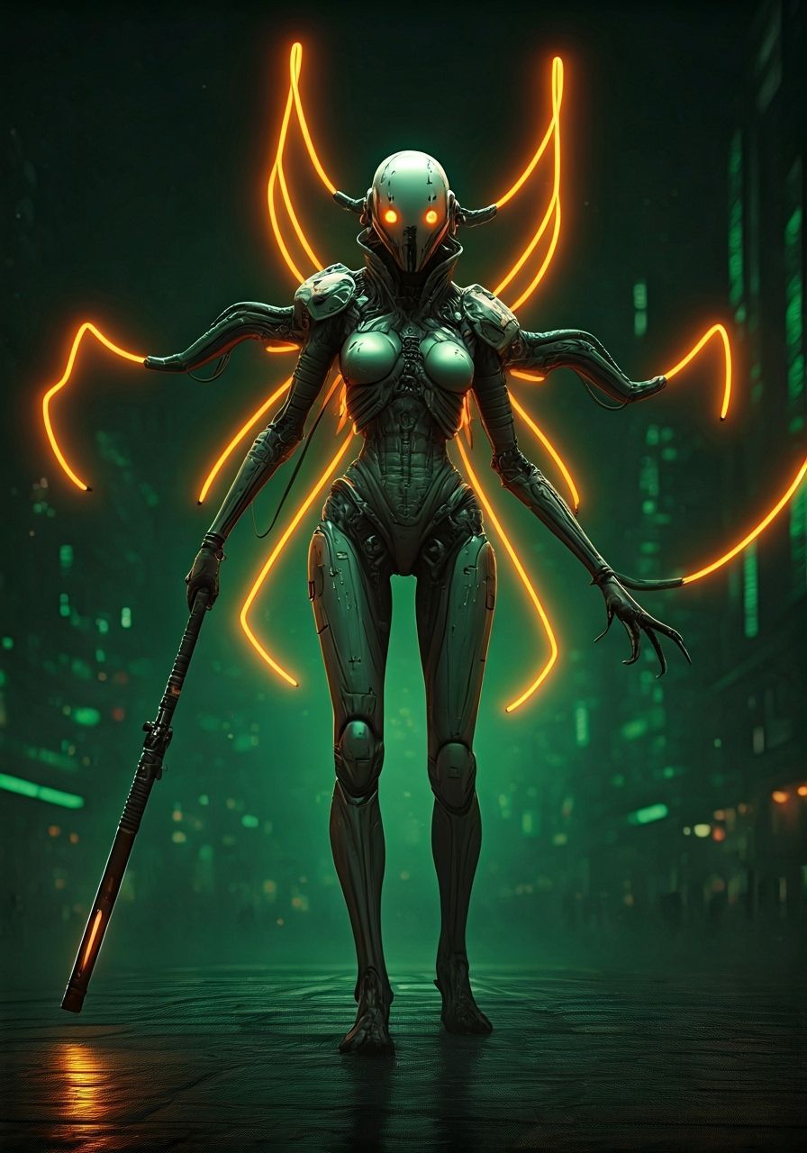 Cyberpunk Cyber-Warrior with Neon Staff