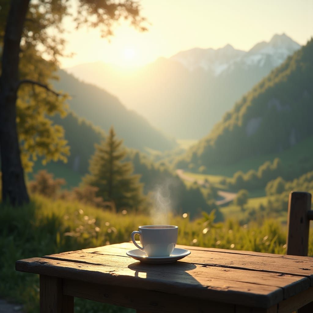 Serene Valley Landscape with Coffee Cup, Impressionistic Sty...