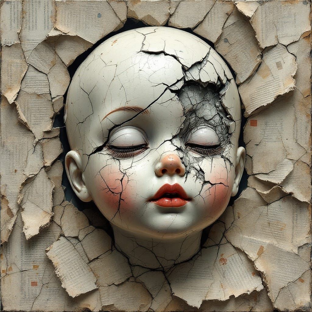 Cracked Porcelain Doll Head with Impasto Textures