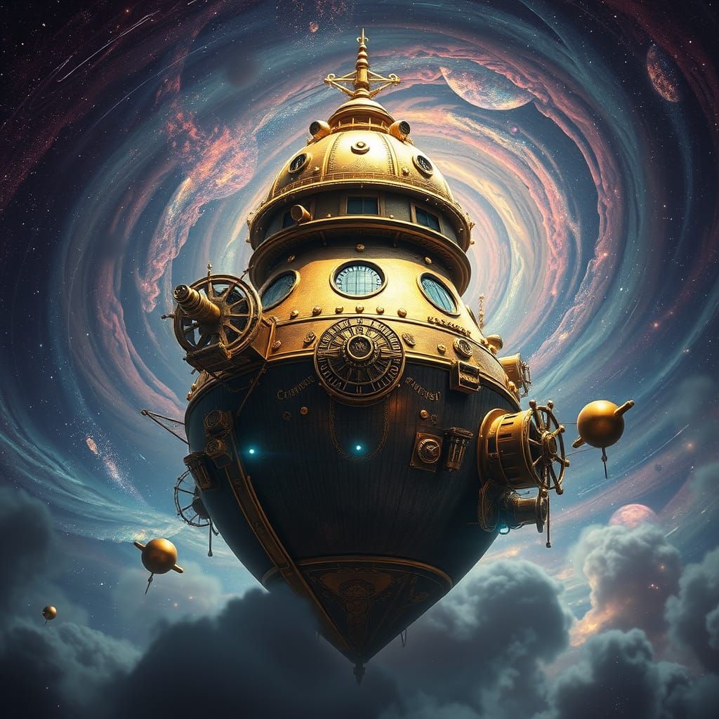 Cosmic Brass Vessel in Vibrant Galaxy Backdrop