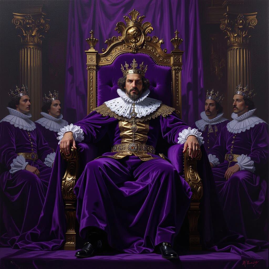 Baroque King on Violet Throne in Retro-Futuristic Scene