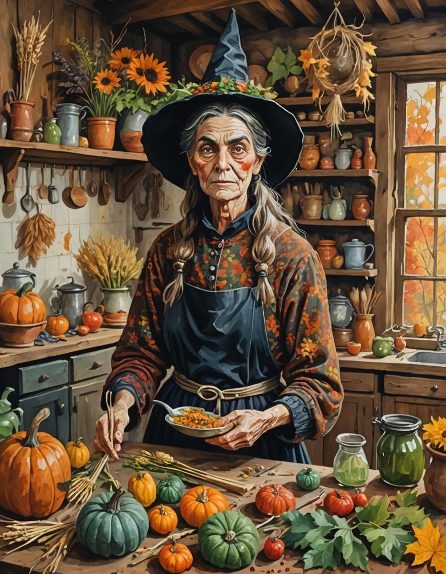 Folk Art Witch in Autumn Kitchen, Gouache Style