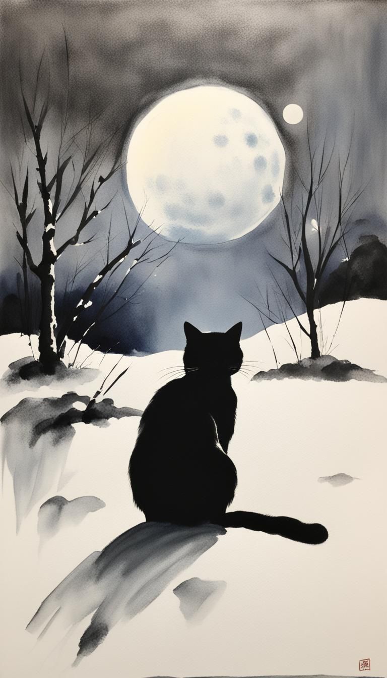Minimalist Sumi-e Painting of a Cat in Snow