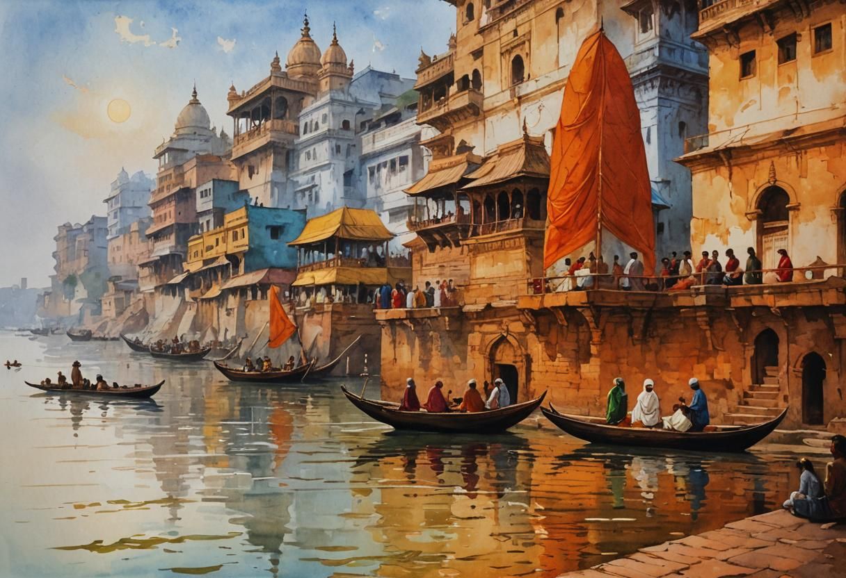 Banaras Ghat Prayer Scene in Watercolor Style