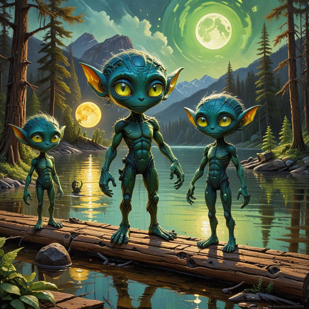 Alien Family in Exoplanet Forest Moon Landscape