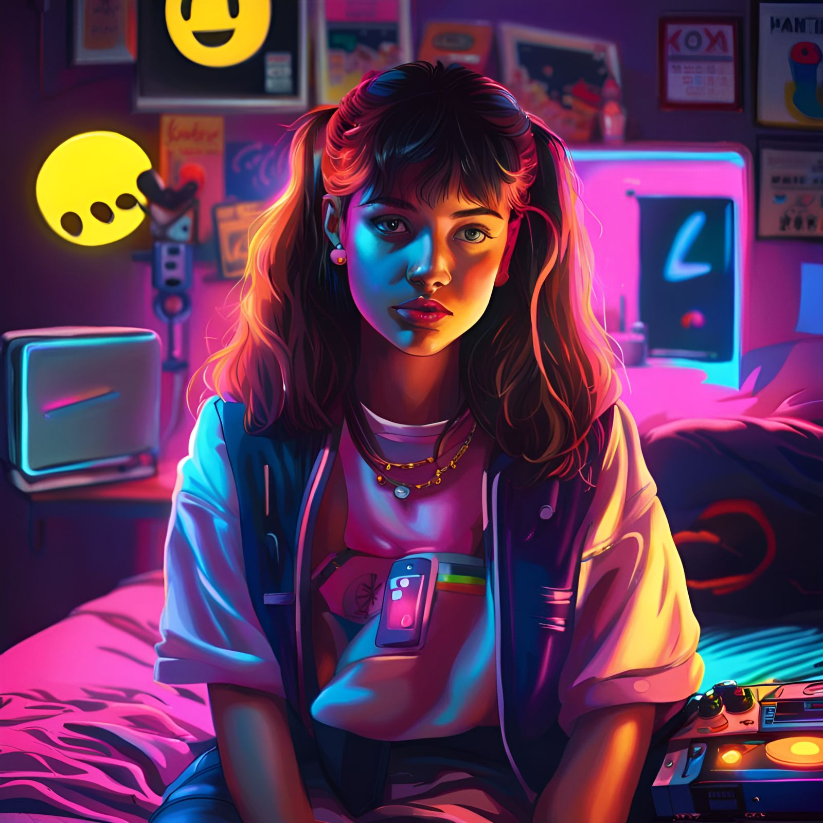 Cute Girl in 80s Bedroom with Neon Lights