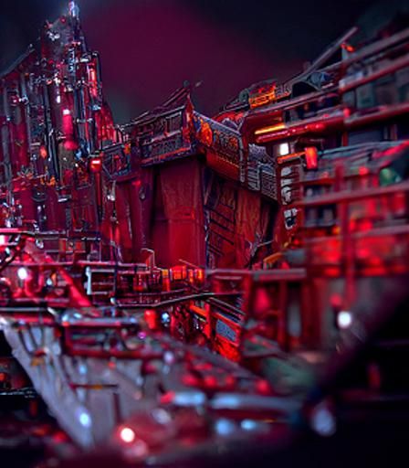 Red Werewolf Air Shipyard in Dystopian Cel-Shaded Style