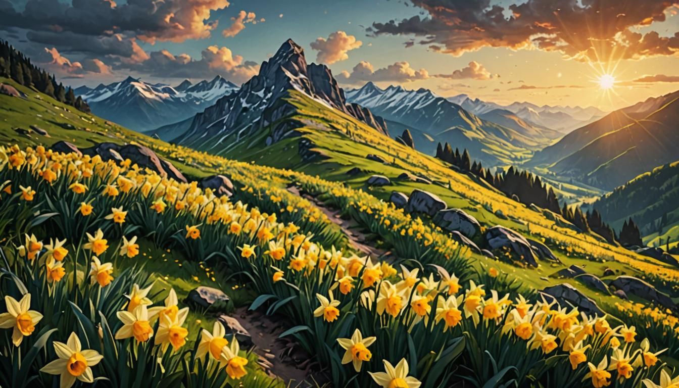 Spring Daffodils in Mountain Meadow: Acrylic Art