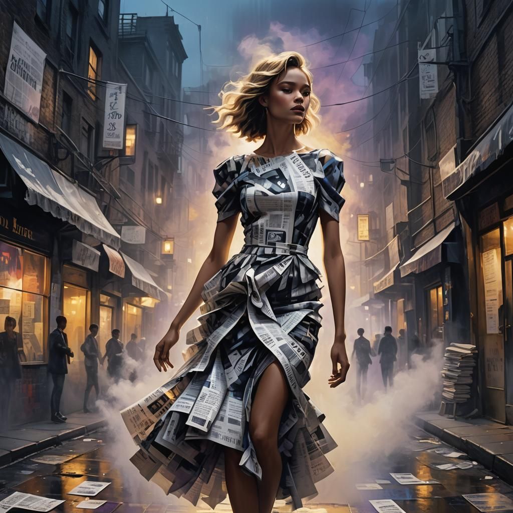 Model in Newspaper Dress in Misty Alleyway
