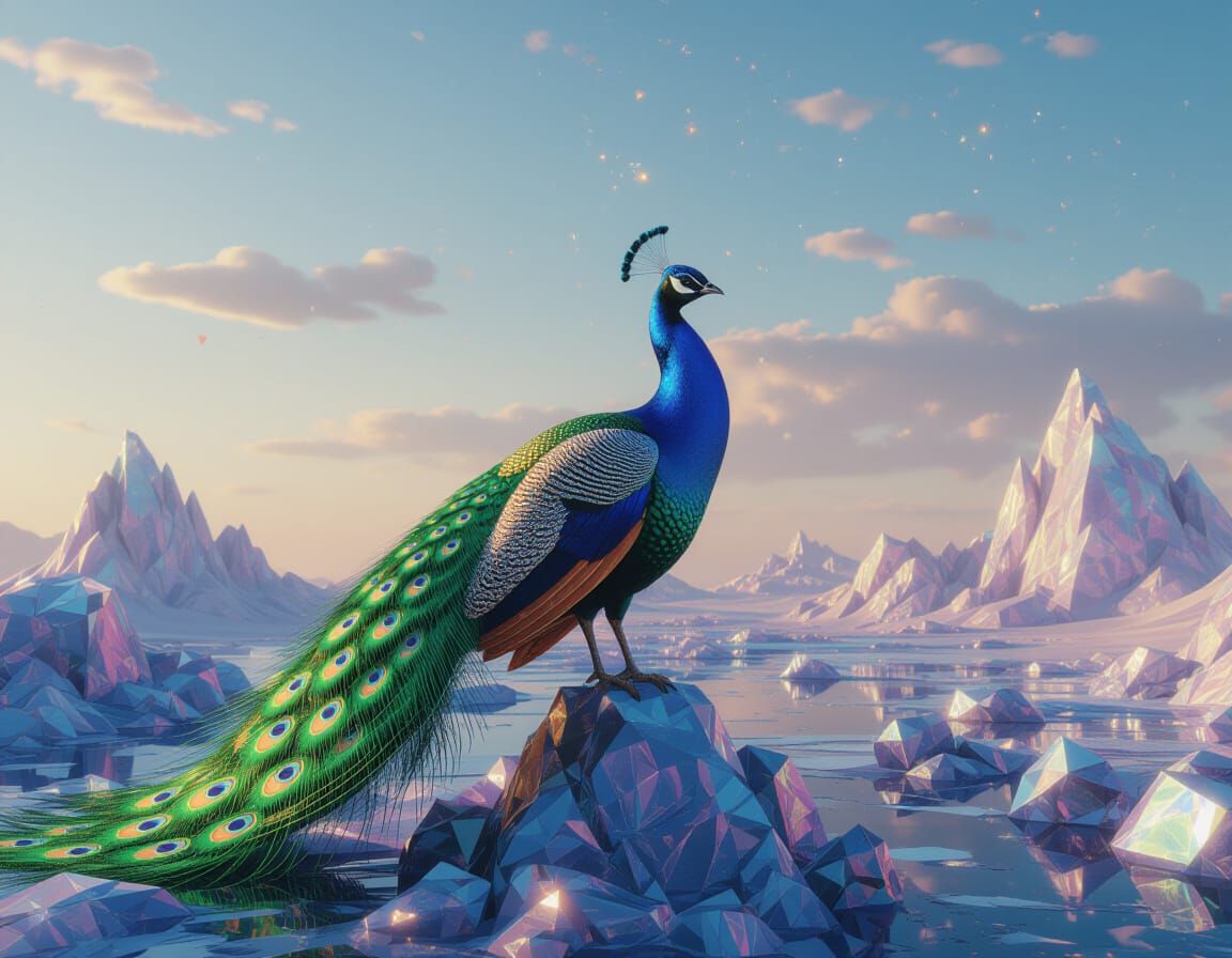 Majestic Peacock with Fractal Feathers in Synthwave Style