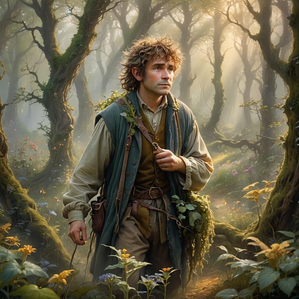 Hobbit Waking in Misty Forest: Ethereal Fantasy Art