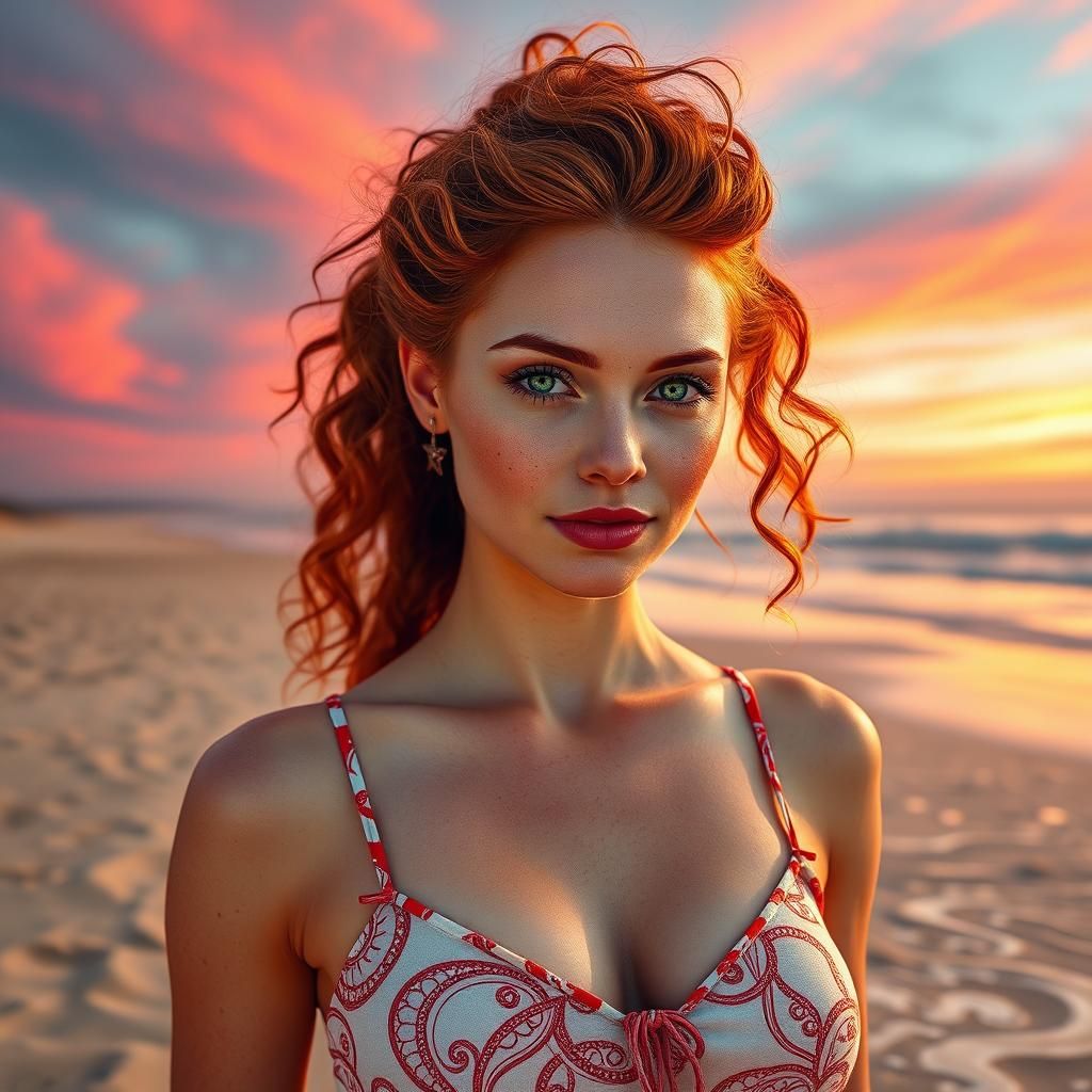 Redhead on Beach at Sunset in Psychedelic Style
