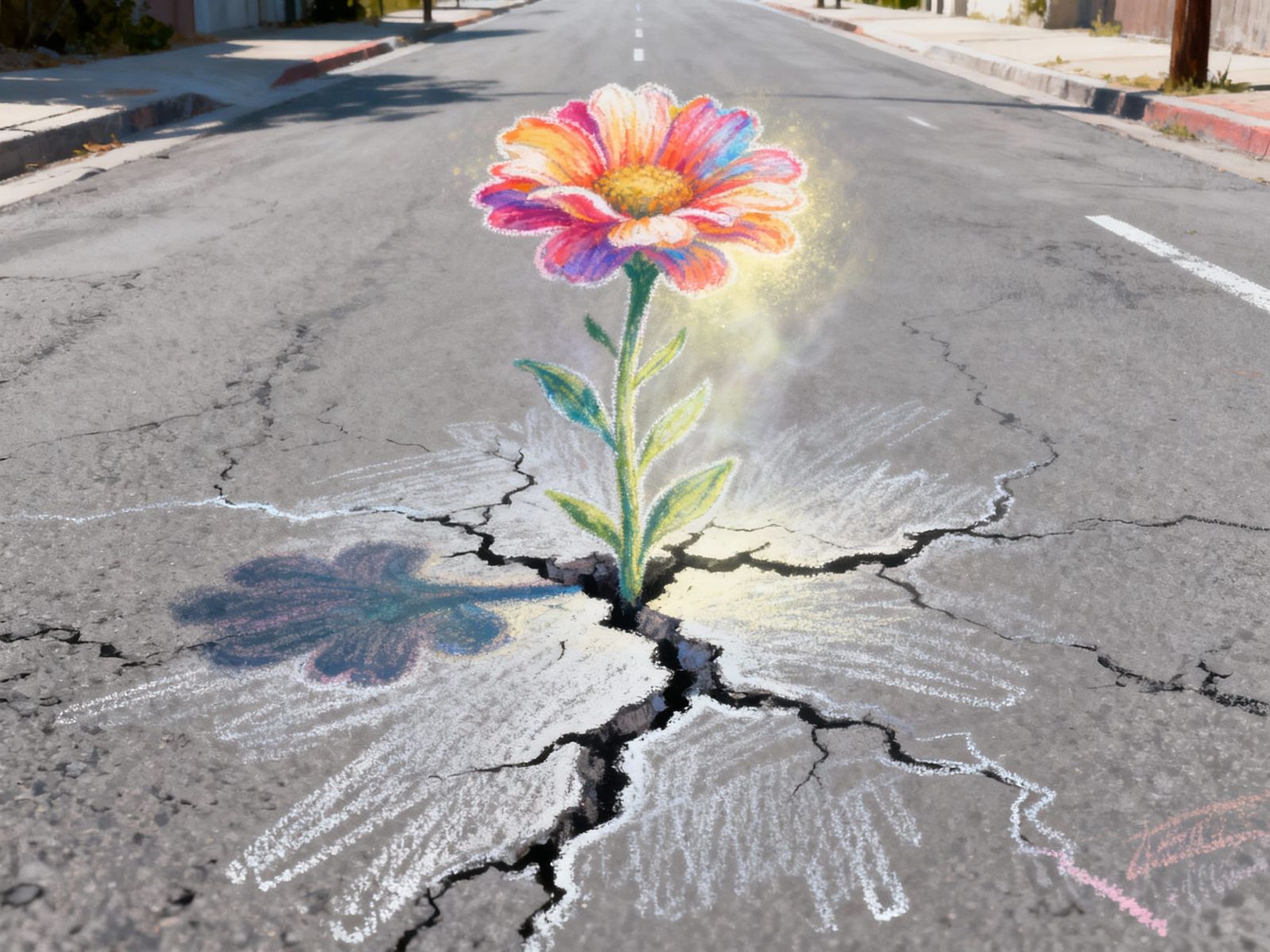Chalk Art of Flower Growing from Grey Road