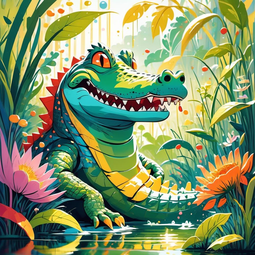 Whimsical Alligator Sneezing in Pollen, Dr. Seuss Style