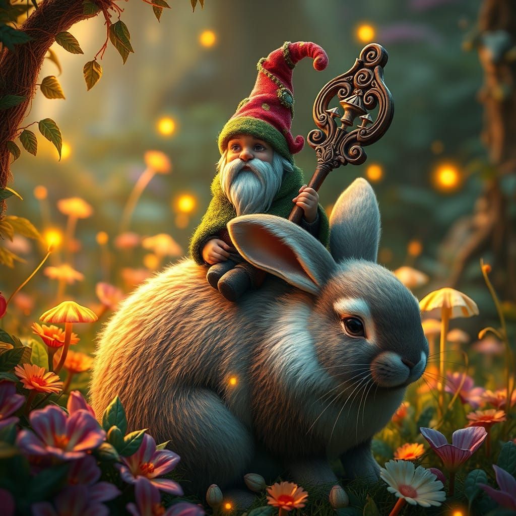 Whimsical Gnome and Bunny Scene in Enchanted Fairy Garden