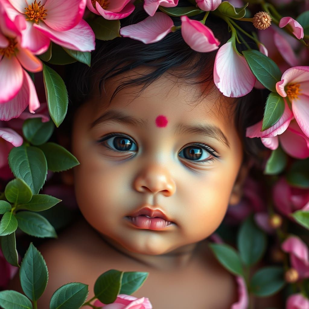 Portrait of an Indian Baby in a Vibrant Garden