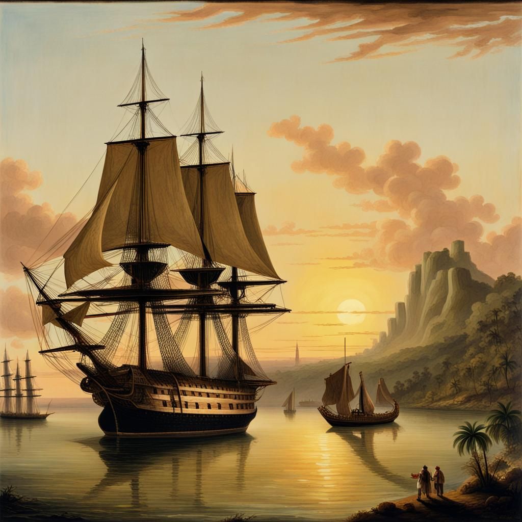 The Endeavour in a Deserted Pacific Harbor at Sunset