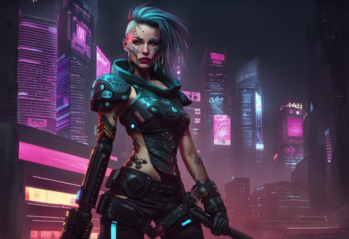 Cyberpunk Warrior Girl in Neon Cityscape
