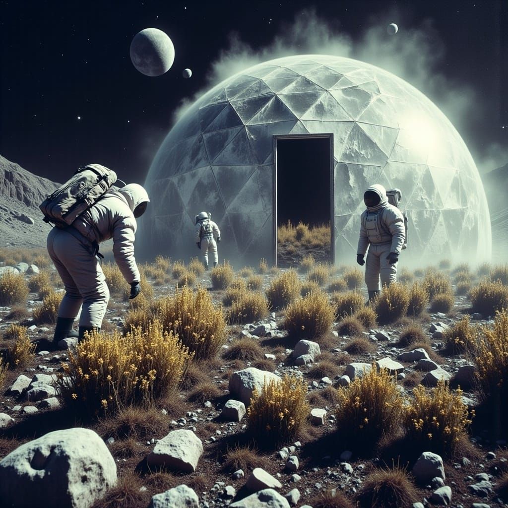 Asteroid Settlers Tend to Lunar Botanicals in Geodesic Dome