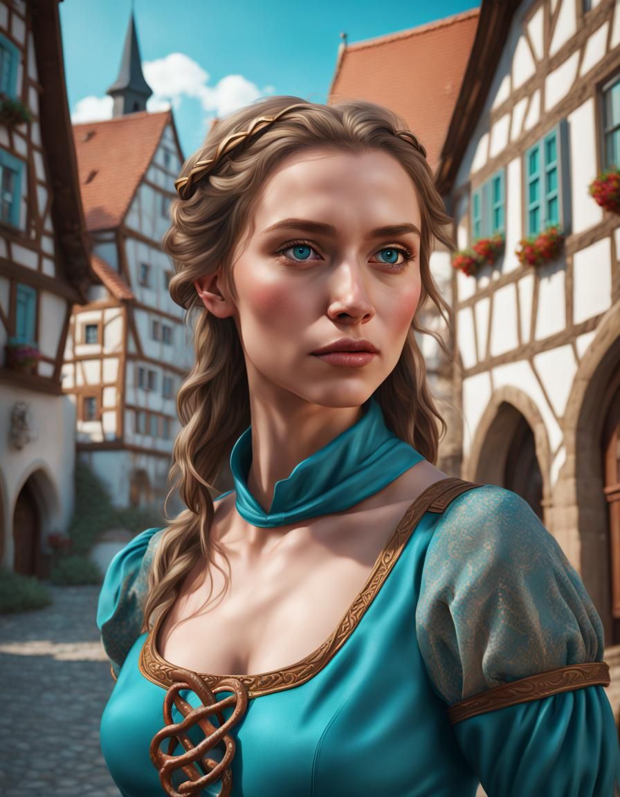 Girl With Pretzel in German Medieval Town