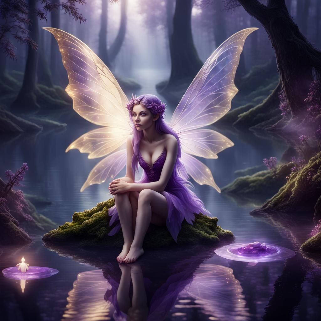 Fairy with Crystal Wings in Dark Forest