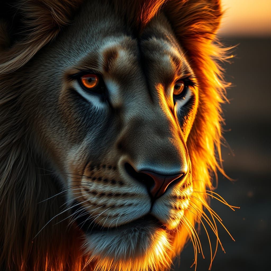 Lion's Face at Golden Hour with Starry Eyes