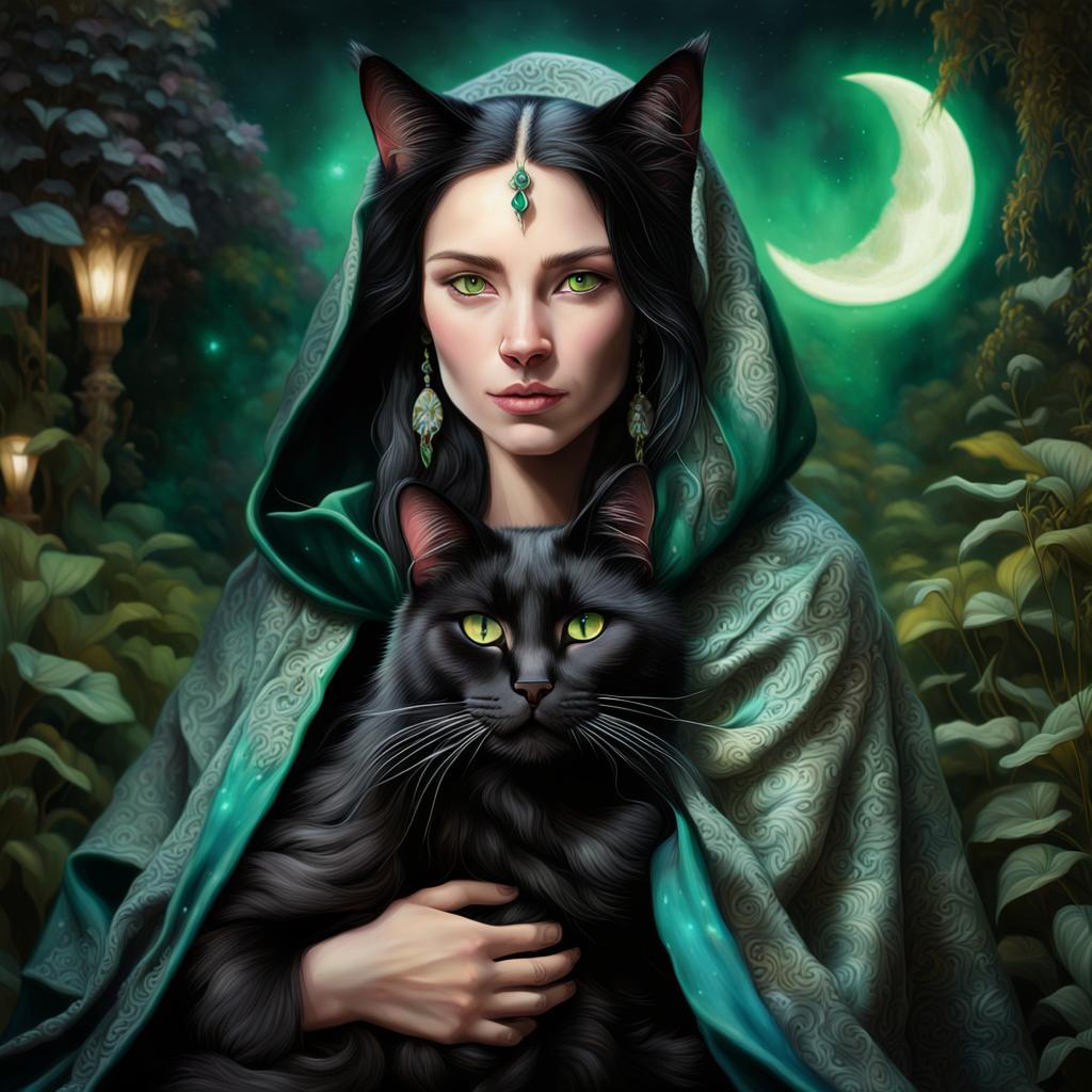 Ethereal Cat Lady in Moonlit Garden