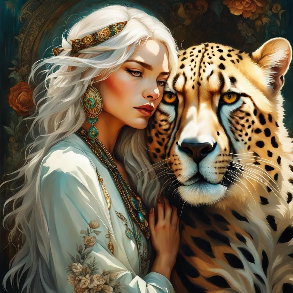Woman Hugging Cheetah: Hyperdetailed Photorealistic Art