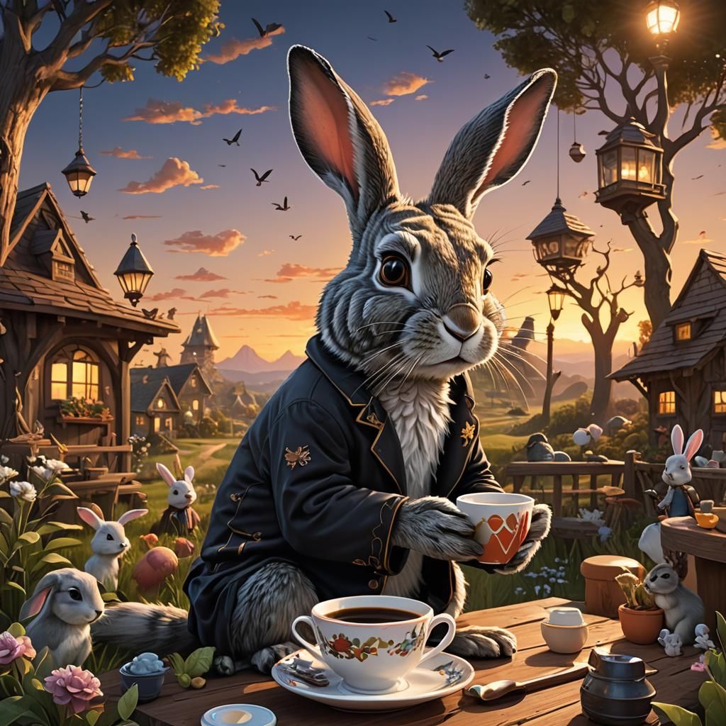 Sleepy Rabbit Sipping Coffee: 3D Digital Art