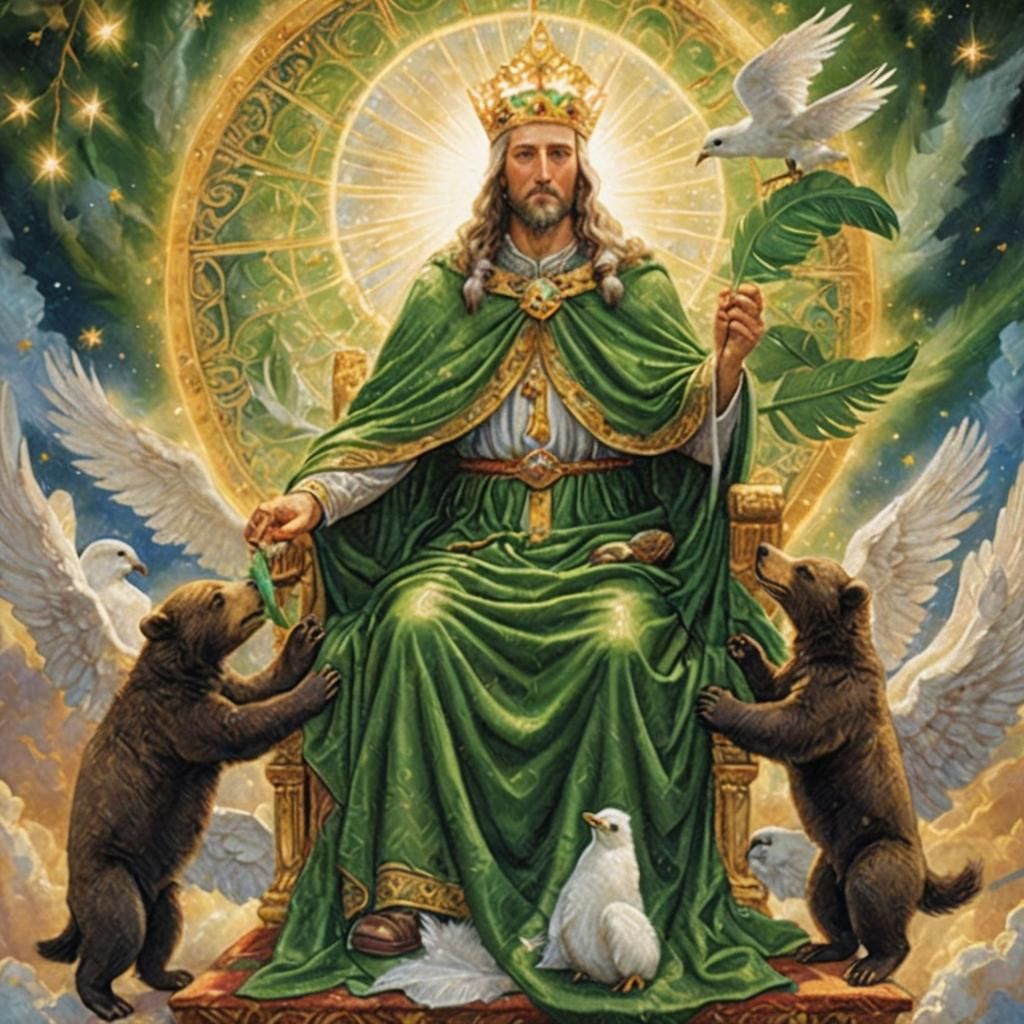 Man on Throne Feeds Bear Cubs: Sacred Art