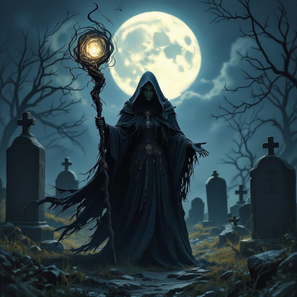 Ancient Witch in Moonlit Graveyard