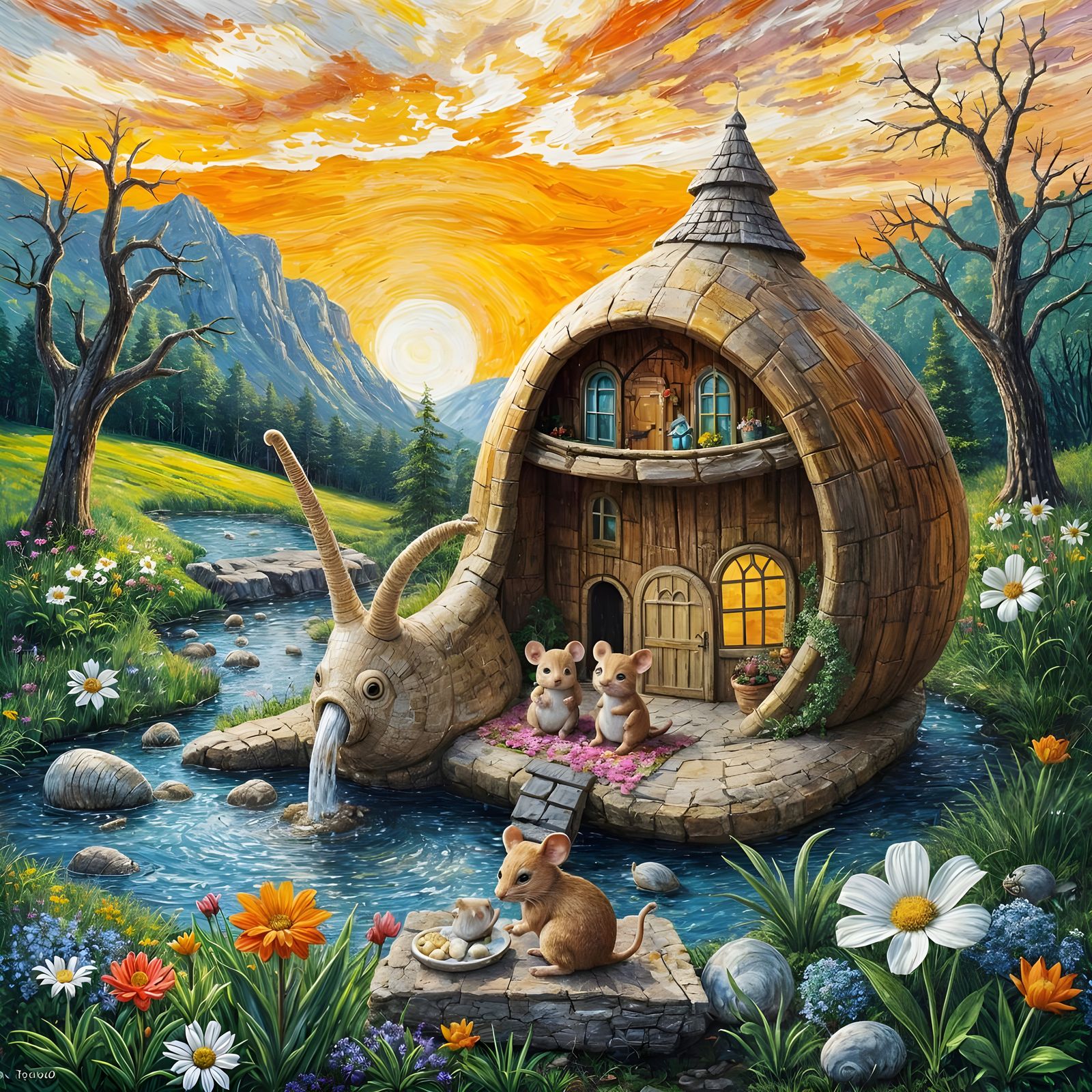 Whimsical Snail Mansion at Sunrise