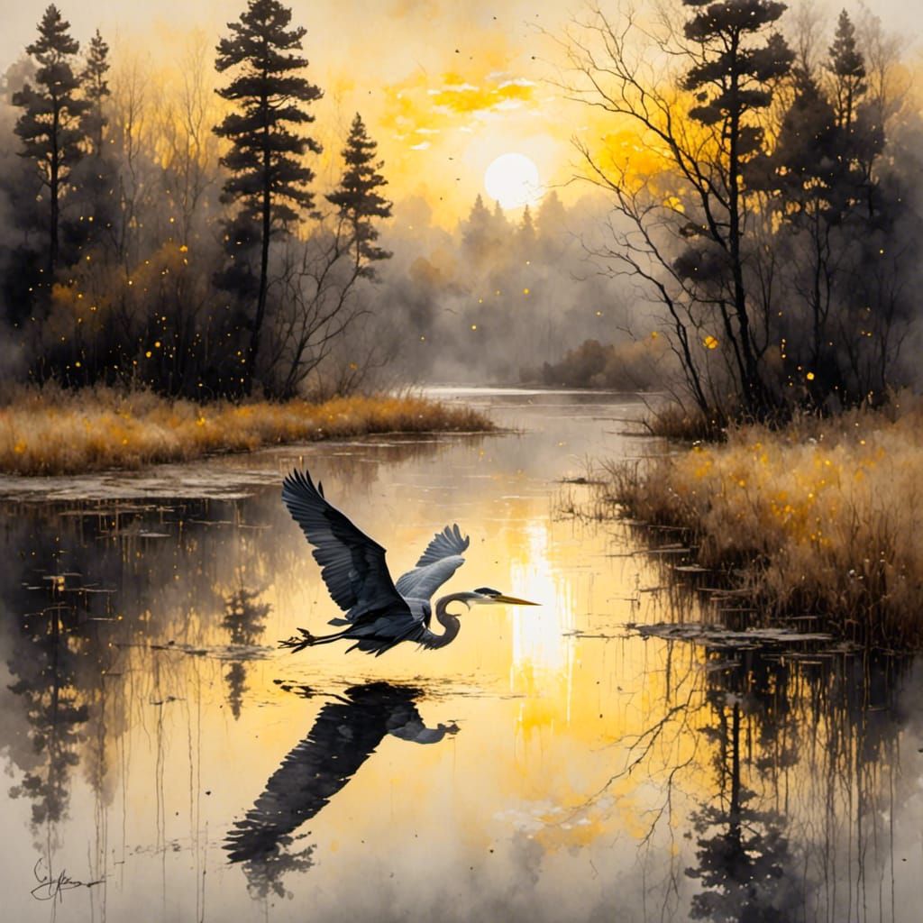 Watercolor Heron Flight at Dawn Over Lake