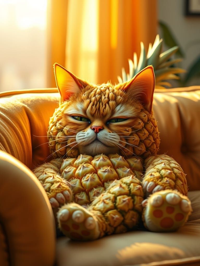 Whimsical Pineapple Cat Relaxing on Plush Velvet Couch
