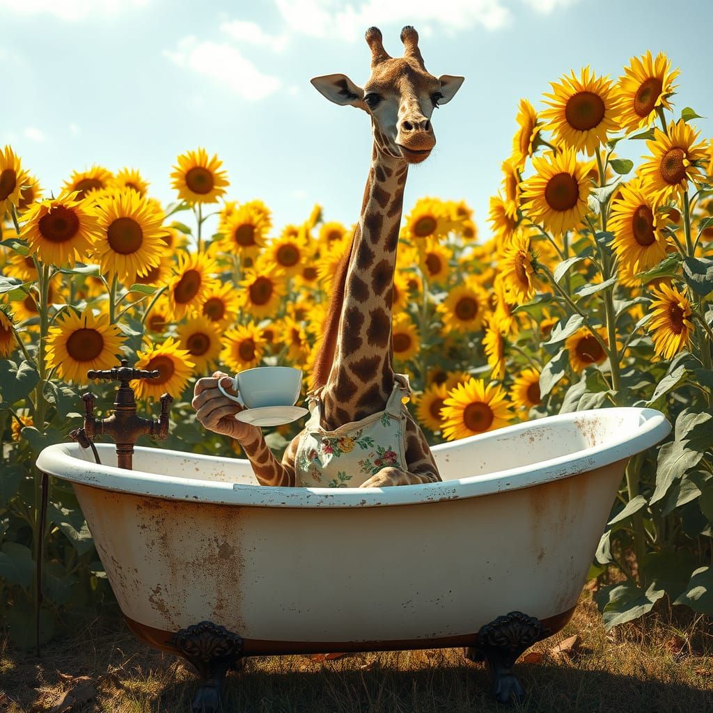 Giraffe in Whimsical Vintage Bath, Sipping Tea Amidst Sunflo...