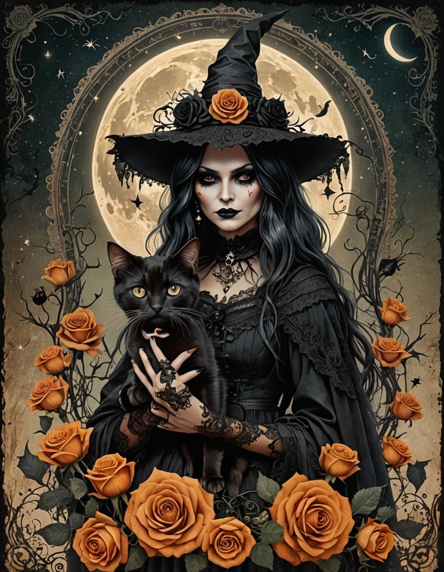 Vintage Witch with Kitten in Halloween Grunge Style