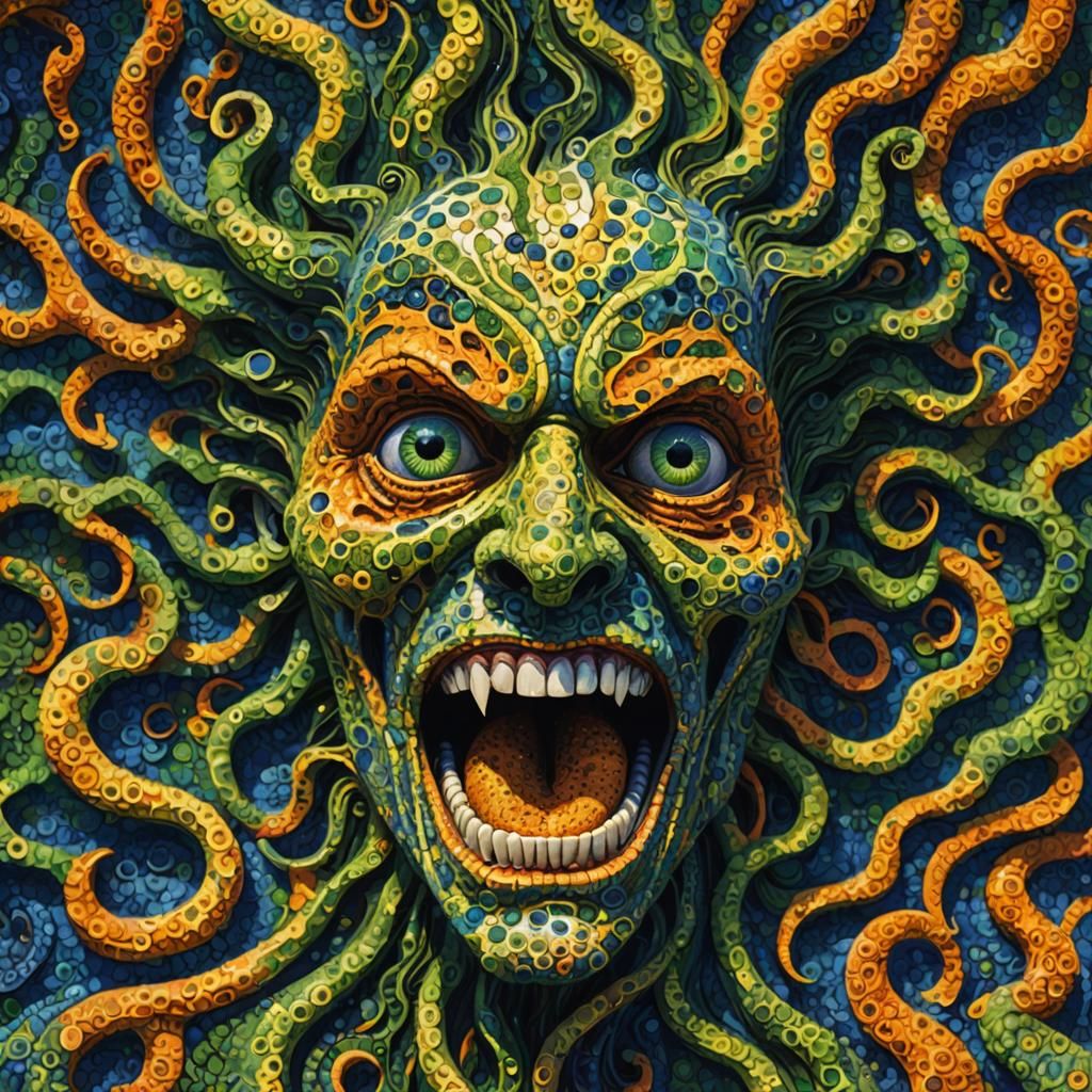 Grotesque Screaming Face in Pointillism Style