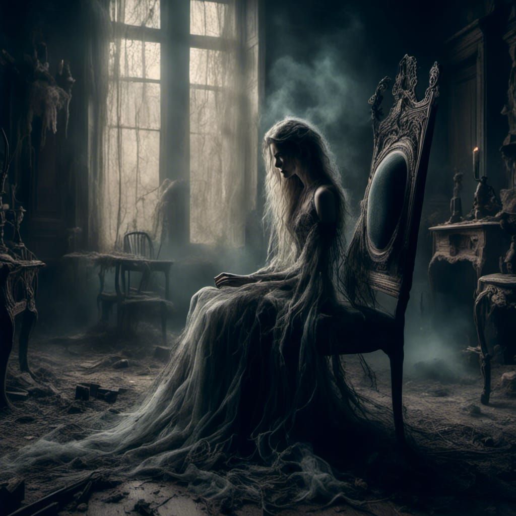 Ethereal Ghost Weeping in Rundown House