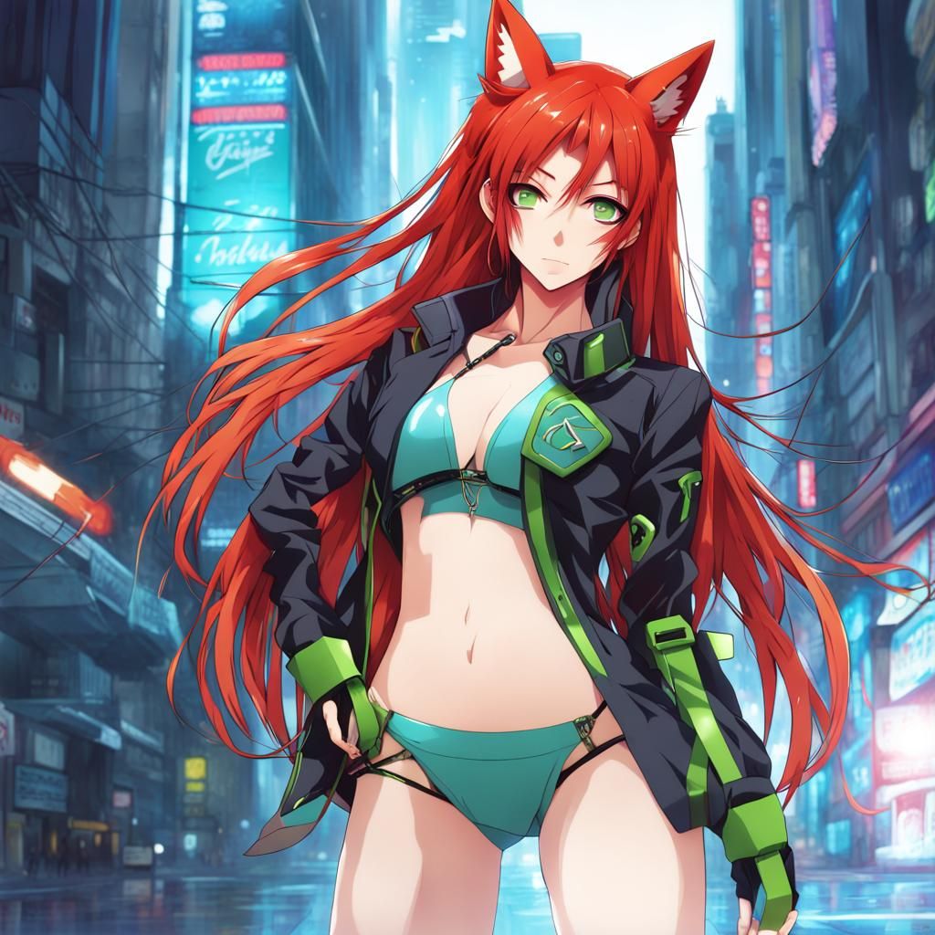 Cyberpunk Anime Fox Girl in Manga Style