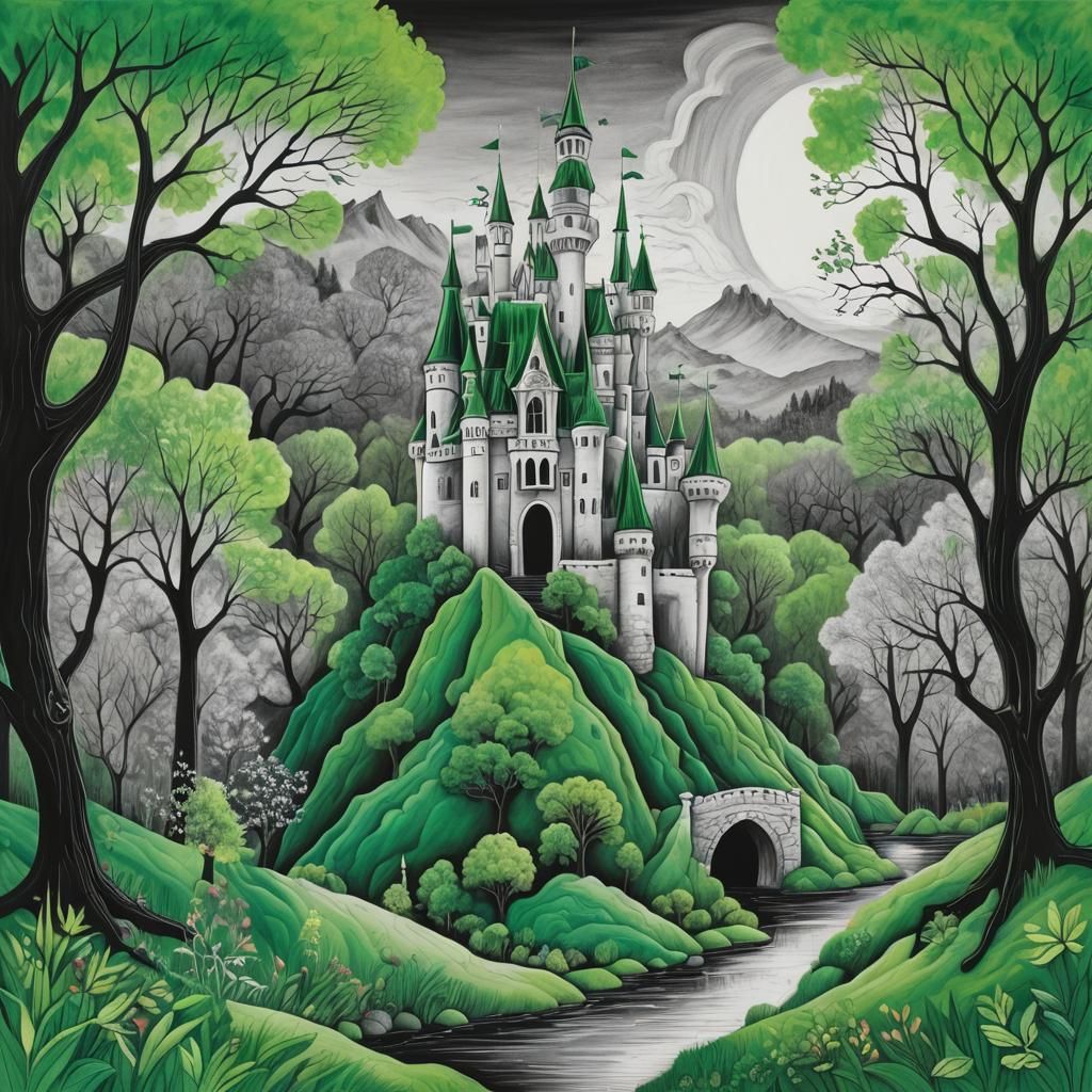 Surreal Crayon Landscape with Castle in Photogram Style