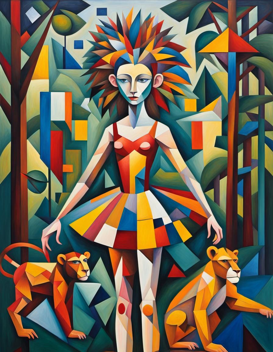 Cubist Ballerina and Jungle Animals in Oil Paint