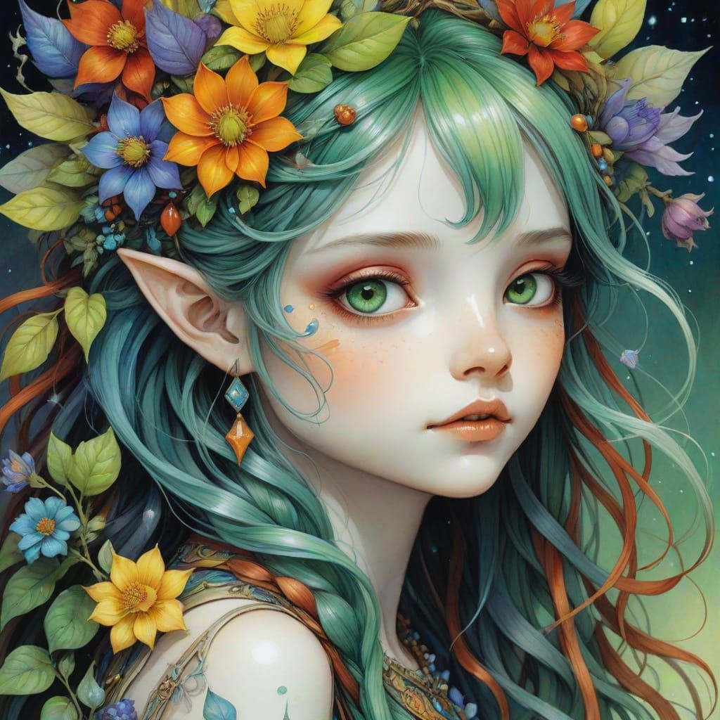 Fantasy Woman with Rainbow Hair and Fractal Flowers