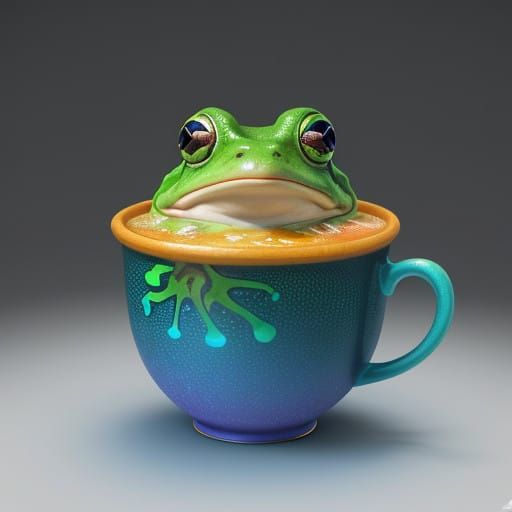 Surreal Frog in Teacup: Vibrant Pixar-Inspired Concept Art