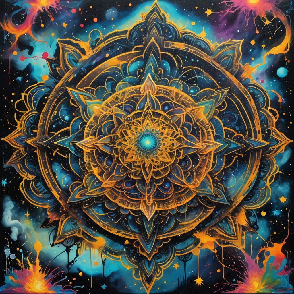 Bioluminescent Mandala with Neon Glows on Starlight