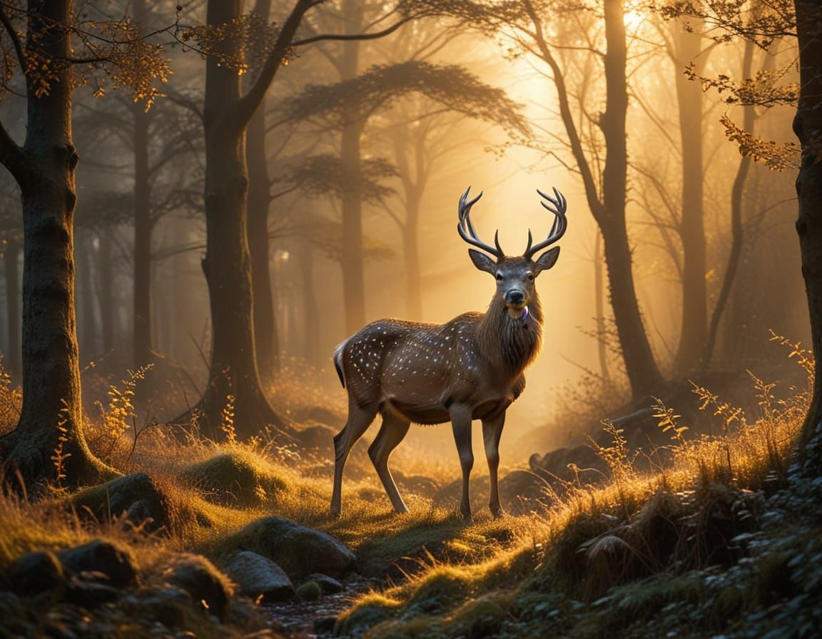 Magical Deer Between Worlds of Light and Mist