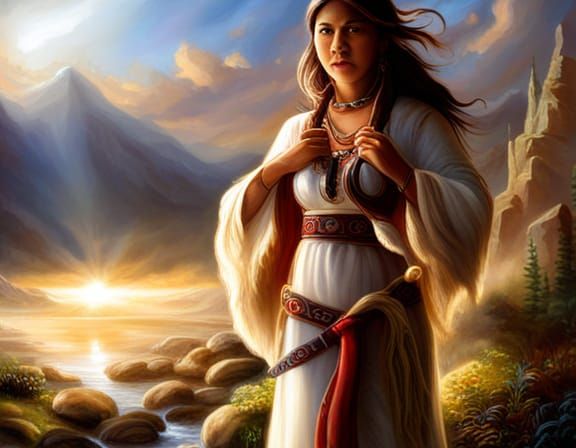 Native American Woman with Wolf in Mountain Landscape