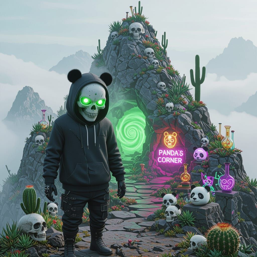 Skull-Faced Character Bridging Two Worlds